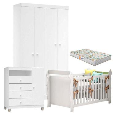 Imagem de Quarto De Bebê 4 Portas Ternura Baby Com Berço Lara Branco Brilho Com Colchão Gazin - Incorplac