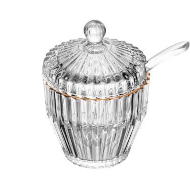 Imagem de Açucareiro de Cristal Canelado C/Colher Plástica Imperatriz C/Fio de Ouro 11x8cm Wolff