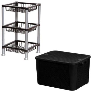 Imagem de Caixa Organizadora Rattan 42 Litros e Organizador Fruteira 3 Andares P