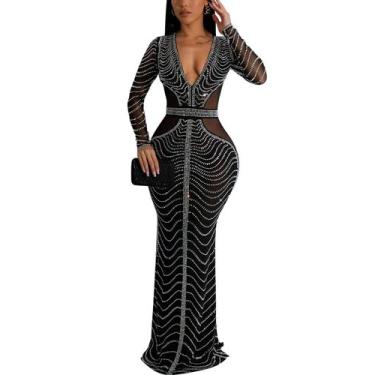 Imagem de Vestido maxi Zoctuo feminino sexy e elegante com strass preto GG