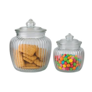 Imagem de Kit 2 Potes Baleiro Vidro Transparente Canelado Tampa Hermética 1400ml E 600ml - Tuut