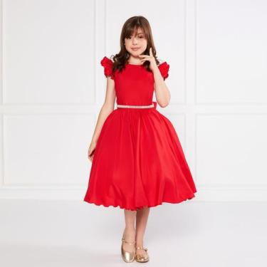 Imagem de Vestido Godê Liso Vermelho Festa Infantil Cinto Pérola Natal - JL Kids