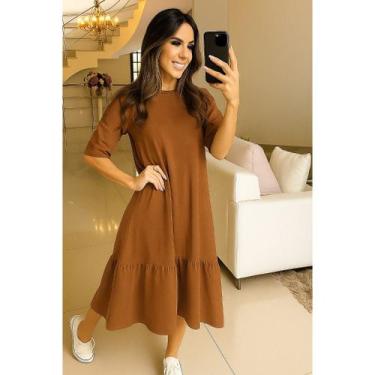 Imagem de Vestido Midi Feminino Elegante Casual Soltinho com Babado Manga Curta 