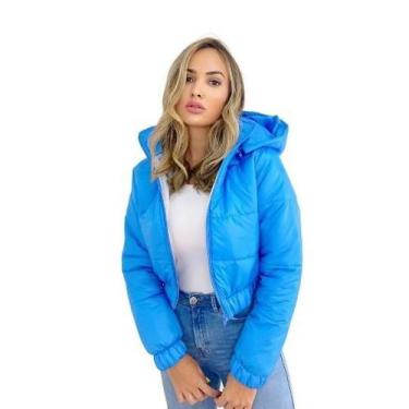 Imagem de Jaqueta Puffer Feminina Cítrica Azul Com Capuz Curta - Charme de Moça,