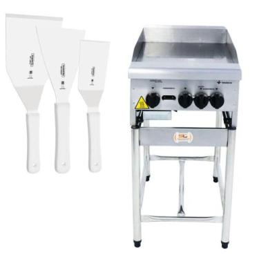 Imagem de Chapa Americana Profissional 45cm a Gás 8mm Lisa Inox com Pé CGP45 e E