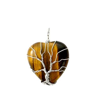 Imagem de Colar com pingente de quartzo de cristal natural feito à mão com pingente de árvore da vida, colar de prata envoltório de chacra, espírito de cura e cristal de cura (cristal de olho de tigre)