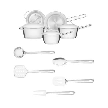 Imagem de Kit Cozinha Panelas Allegra Aço Inox Fundo Triplo 10 Peças Com Utensílios - Tramontina