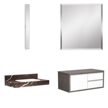 Imagem de Conjunto para Banheiro com Espelho, Bancada com Cuba, Gabinete e Armário Vertical Bumi Trufa