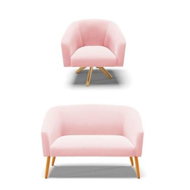 Imagem de Kit 1 Namoradeira E 1 Poltrona Rosa Bebê Base Madeira