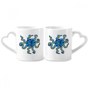 Imagem de Conjunto de canecas de porcelana para casais, estampa de desenho animado, azul polvo, coração e coração