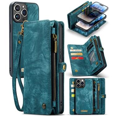 Imagem de ZORSOME Capa carteira para iPhone 14 Pro Max, 2 em 1 destacável de couro premium PU com 8 compartimentos para cartões, bolsa magnética com zíper, alça de pulso para mulheres, homens, meninas, azul