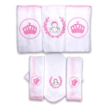 Imagem de Kit 6 Fraldas De Pano Bordadas (3 De Ombro + 3 De Boca) Princesa Rosa