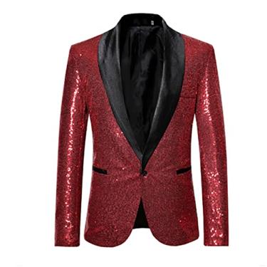 Imagem de Blazer Slim-Fit lantejoulas Glitter Terno Jaqueta Masculina Boate Baile Casaco de Formatura Roupas de Palco Para Cantores Um Botão Tops de Festa de Casamento, Vermelho, P (Busto: 100cm)