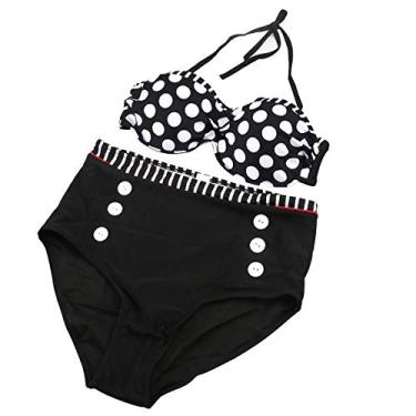 Imagem de Biquíni feminino retrô de bolinhas sexy frente única cintura alta roupa de banho – Tamanho M (preto + branco)