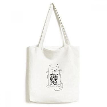 Imagem de Bolsa de lona com citação Cat In Home preta e branca bolsa de compras casual