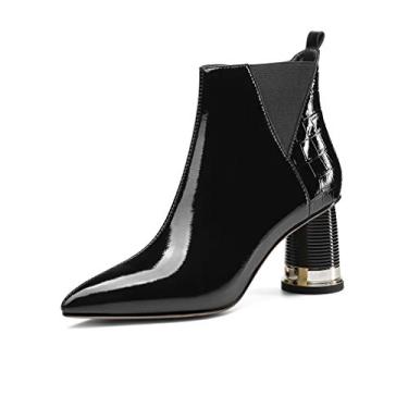 Imagem de TinaCus Bota feminina de couro envernizado brilhante feita à mão, salto grosso, zíper lateral, bico fino, elegante no tornozelo, Preto, 8.5