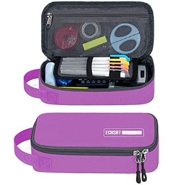 Imagem de Estojo de lápis grande, bolsa de caneta durável com grande capacidade, bolsa de papelaria portátil minimalista com alça para escola e escritório do ensino médio, Roxa, Portátil, embutido