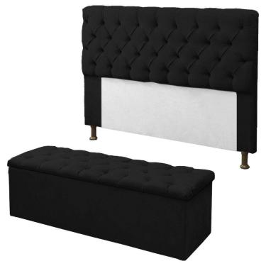 Imagem de Kit Cabeceira + Calçadeira Baú Sofia Queen 160cm Corino Preto - LM DECOR