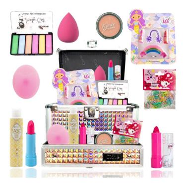 Kit de maquiagem infantil para meninas, conjunto completo de malas