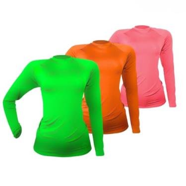 Imagem de 3 Camisetas Térmica Segunda Pele Proteção Solar UV50+ Unissex (M, Laranja N-Verde N-Rosa N)