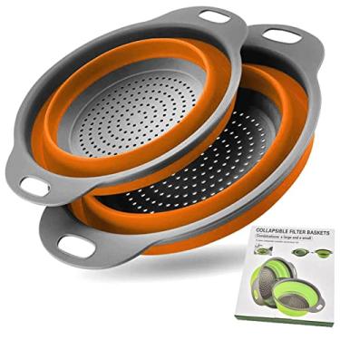 Imagem de ESUNAITOP Conjunto de coador dobrável, escorredores dobráveis, conjunto de 2 coadores redondos de silicone para cozinha com alças de plástico para drenar macarrão, legumes e frutas, escorredores e coadores de alimentos (laranja)
