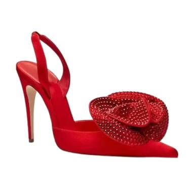 Imagem de ZIRIA Sandálias de casamento com flores de strass ponta de salto alto fino preto vestido de festa vermelho sapatos femininos bombas tamanho grande, Vermelho, 38