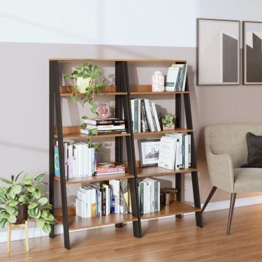 Imagem de Conjunto de 2 Estantes para Livros Escada Biblioteca 140x61cm 4 Prateleiras Tok Yescasa Noce Milano/Preto Fosco