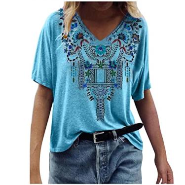 Imagem de Camisas ocidentais para mulheres com estampa solta asteca vintage étnica tribal geométrica Camisa de manga curta Havaí havaiano Tops de verão de feminina Camiseta F10-Azul Large