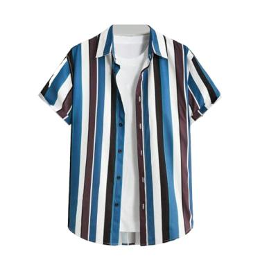 Imagem de OYOANGLE Camisa masculina casual de botão com estampa listrada e manga curta, Azul, marrom, P