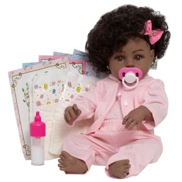 Imagem de Boneca Reborn Bebê Realista Negra Pijama Roupão 13 Itens