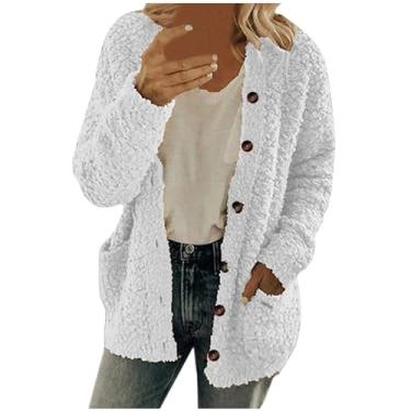 Imagem de Casaco feminino de ovelha com botões e manga comprida, cor sólida, agasalho, plus size, casaco casual de inverno, Branco, 4G