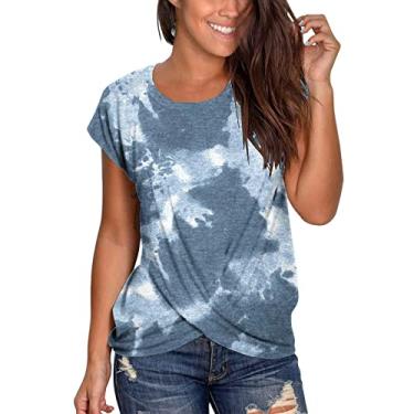 Imagem de Blusas femininas de verão plus size de manga curta com estampas estampadas blusas de algodão modernas camisetas camponesas túnica atlética, Azul, G