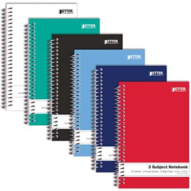 Imagem de Cadernos espirais de 3 assuntos, 24 x 14 cm, pacote com 6, caderno de 150 folhas com 2 divisórias de bolso de dois lados, capas de cores sólidas sortidas, da Better Office Products (legislação universitária)