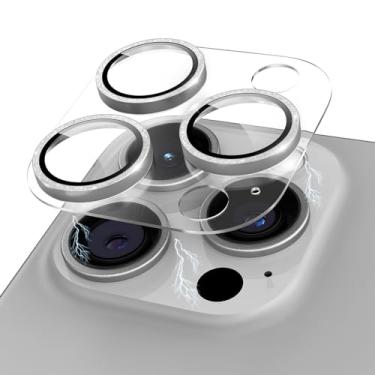 Imagem de Kanosan Para iPhone 15 Pro/iPhone 15 Pro Max Protetor de lente de câmera com glitter, acrílico transparente Plus anel de liga de alumínio 9H capa de câmera de tela de vidro temperado para iPhone 15 Pro Max/15 Pro, prata