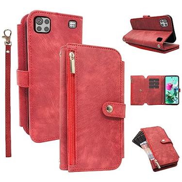 Imagem de Furiet Capa carteira compatível com LG K92 5G com 9 compartimentos para cartões de couro retrô com suporte para cartão de crédito para LGK925G K 92 92K LMK920AM Q92 G5 feminino masculino vermelho