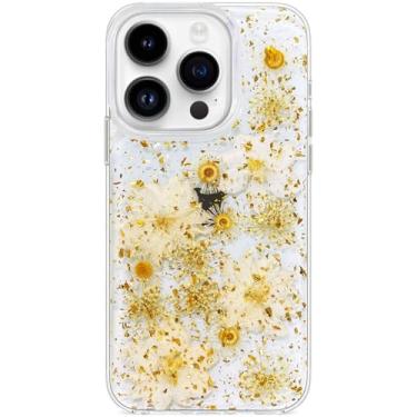 Imagem de Abbery Capa para iPhone 15 Pro transparente brilhante branco amarelo prensado flor design bonito glitter macio TPU verdadeiro seco floral estética protetora à prova de choque para mulheres meninas