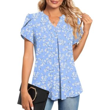 Imagem de Anyhold Blusa feminina de chiffon elegante de verão com decote em V e manga pétala, camisas soltas casuais fofas para o trabalho, Flor azul-branca curta, 3G