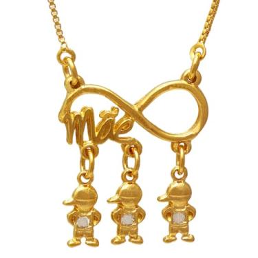 Imagem de Colar de Filhos Escrito Mãe com Três Meninos Folheado em Ouro 18K Softjoias