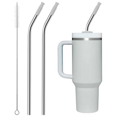 Imagem de Bluwing Canudo de metal repetível com pontas de silicone para copo Stanley de 1,2 litros, 2 canudos de aço inoxidável de 1,134 g, substituição para copo Stanley, 1 escova de palha, livre de BPA (cinza
