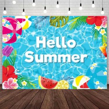 Imagem de AIBIIN 2,1 x 1,5 m Hello Summer Pano de fundo havaiano piscina praia fotografia fundo tropical bolas havaianas aloha luau decoração festa suprimentos banner cabine fotográfica estúdio
