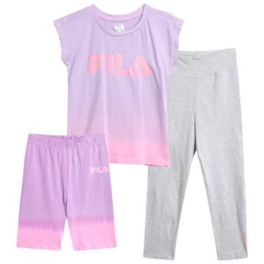 Imagem de Fila Conjunto de leggings esportivas para meninas - camiseta de desempenho de 3 peças, calças de ioga e shorts de bicicleta - conjunto esportivo para meninas (P-GG), Lavanda/cinza, M