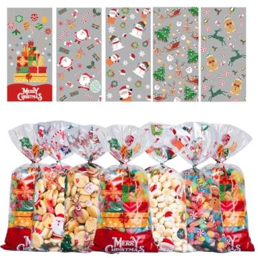 Imagem de 100 peças de papai noel, árvore de Natal, boneco de neve, flocos de neve, pacote de presente de homem de gengibre, sacos de presente de celofane, sacos de plástico transparente para presente de