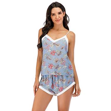 Imagem de LUZBOSE Conjunto de pijama feminino com suspensórios, conjunto de duas peças, roupa caseira, verão, estampado, pijama (P, azul)