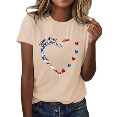 Imagem de Camiseta feminina patriótica com bandeira americana de 4 de julho, gola redonda, manga curta, túnica com estampa de coração, blusa casual de verão, Bege, GG