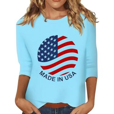 Imagem de 4th of July Camisetas femininas 4th of July Shirts Star Stripes 3/4 manga bandeira americana blusas soltas casuais, Azul-celeste #1, G