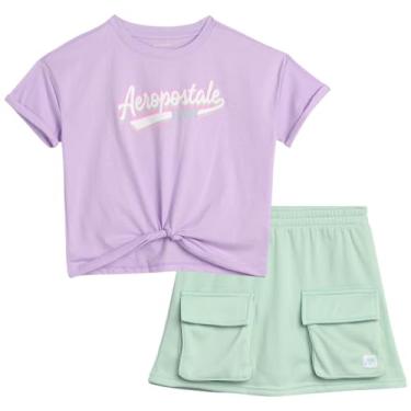 Imagem de AEROPOSTALE Conjunto de shorts para meninas – camiseta estampada de jérsei de 2 peças, shorts de lã, short de scooter cargo - roupa de verão para meninas (4-12), Azeitona orquídea, 5/6