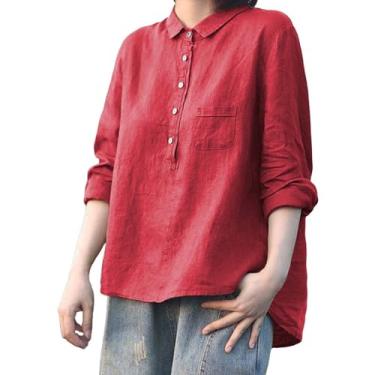 Imagem de Camiseta feminina com gola de lapela casual cor sólida algodão e linho manga longa camisetas casuais grandes, Vermelho, M