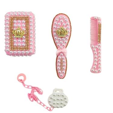 Imagem de KIT HIGIENE PARA BEBÊ PENTE SABONETEIRA ESCOVA DE LUXO DECORADO COM PÉROLA (Rosa)
