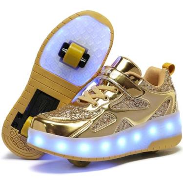 Imagem de HOVERKICKES Tênis de skate LED para crianças, meninos, meninas, com rodas destacáveis, recarregáveis, piscantes, Ouro - 1, 18