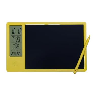 Imagem de Calendário digital eletrônico com tablet LCD de 24 cm, placa de notas e caneta, visor de hora, dia, temperatura e umidade para escritório, estudante, casa, trabalho, amarelo